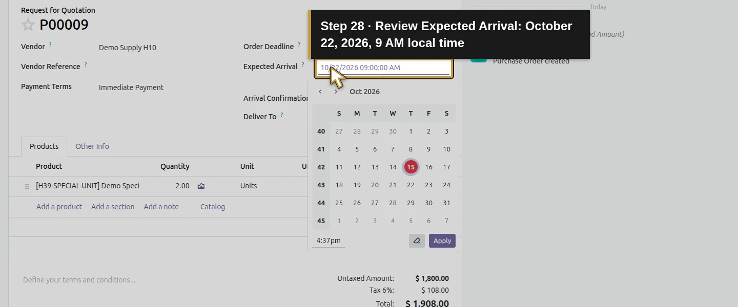 Action 28: Review Expected Arrival: October 22, 2026, 9 AM local time. The actual target is highlighted in gold.