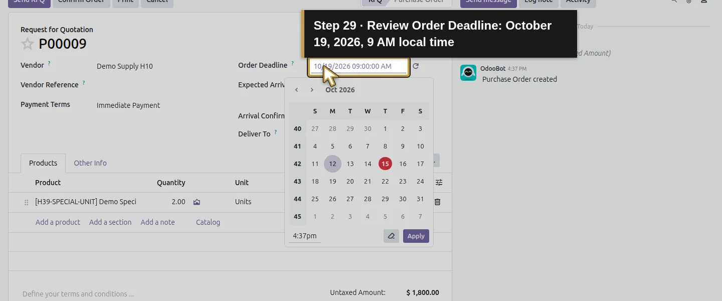 Action 29: Review Order Deadline: October 19, 2026, 9 AM local time. The actual target is highlighted in gold.