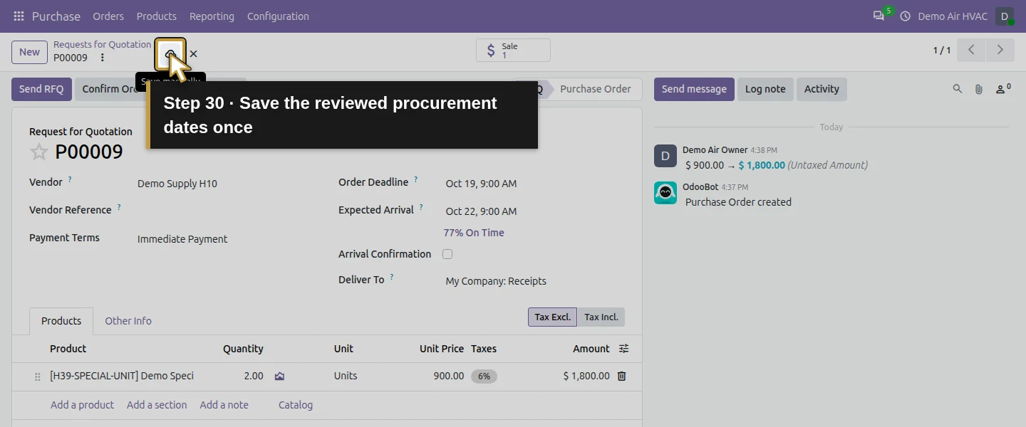 Action 30: Save the reviewed procurement dates once. The actual target is highlighted in gold.
