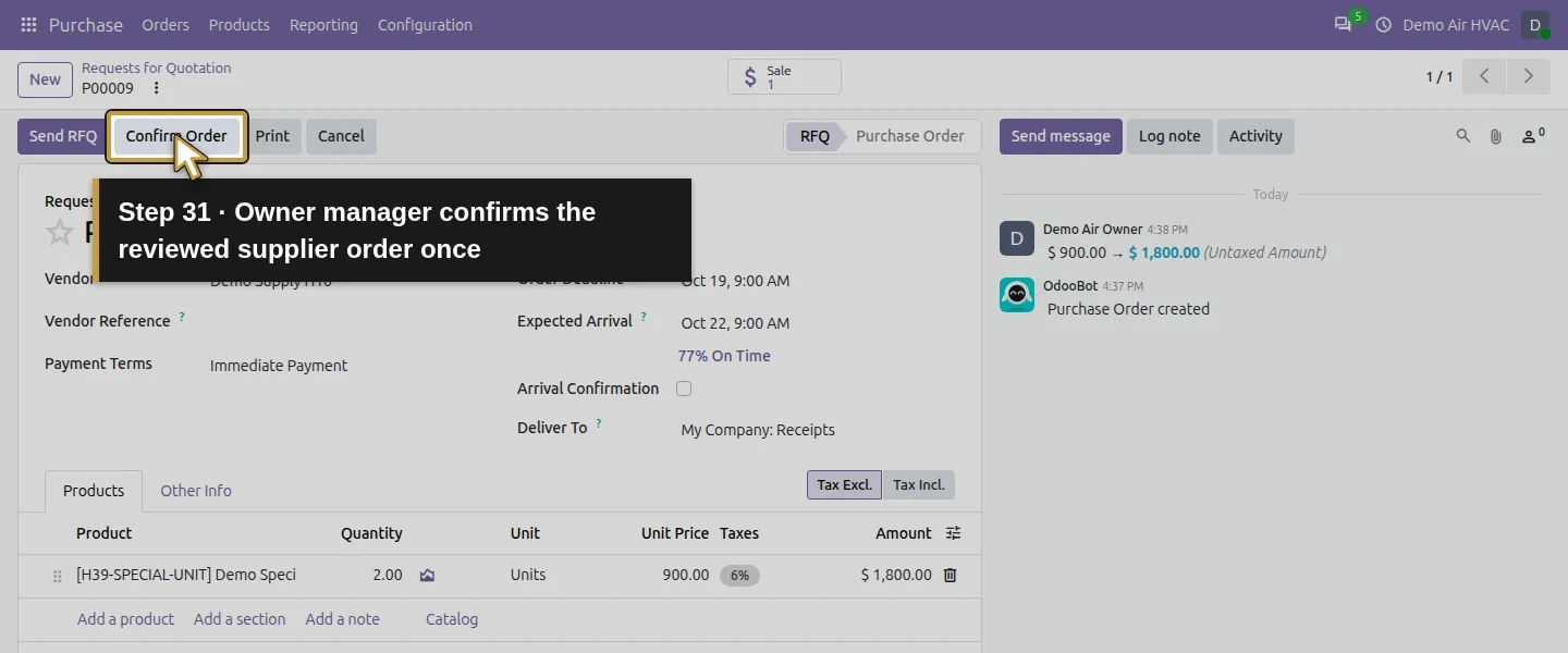 Action 31: Owner manager confirms the reviewed supplier order once. The actual target is highlighted in gold.