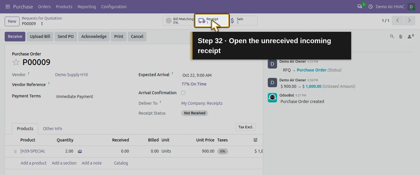 Action 32: Open the unreceived incoming receipt. The actual target is highlighted in gold.