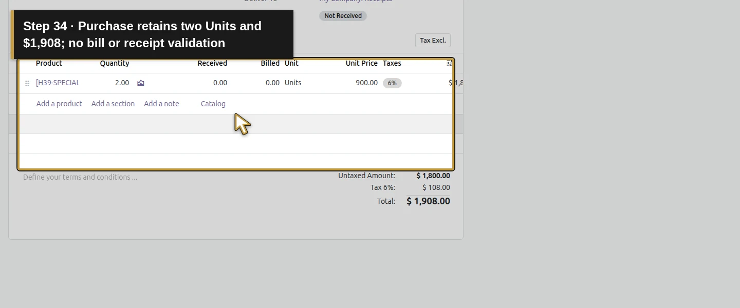 Action 34: Purchase retains two Units and $1,908; no bill or receipt validation. The actual target is highlighted in gold.