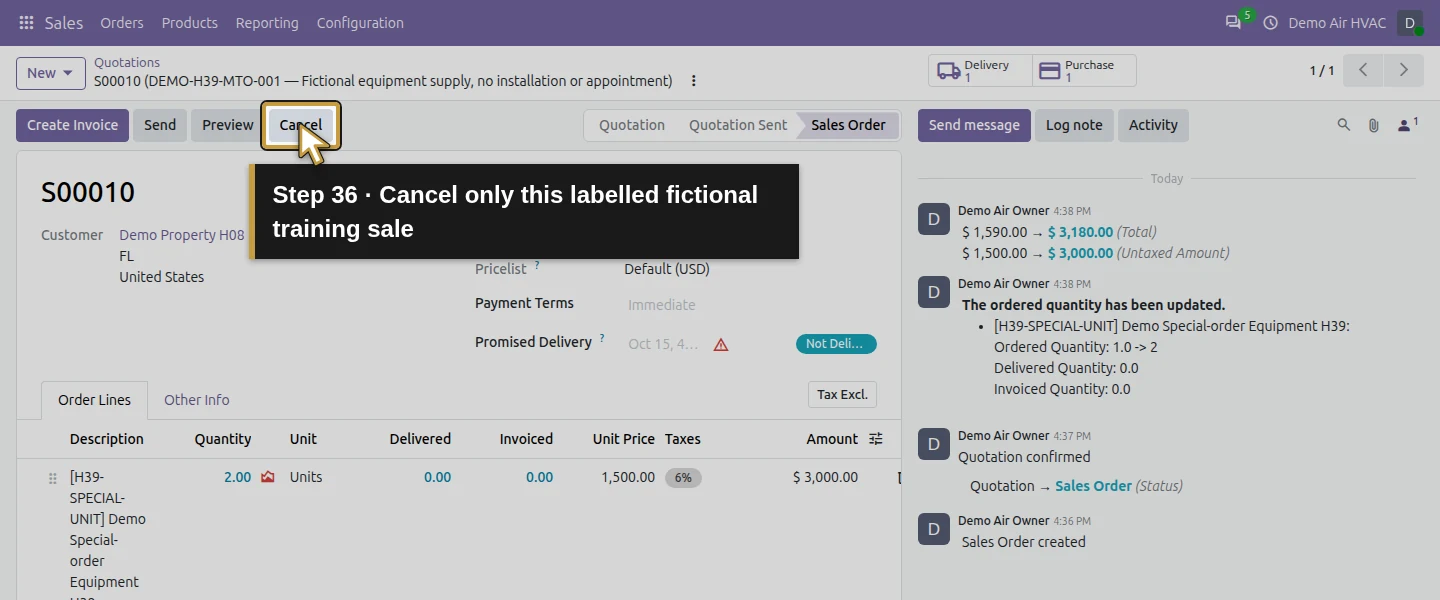 Action 36: Cancel only this labelled fictional training sale. The actual target is highlighted in gold.