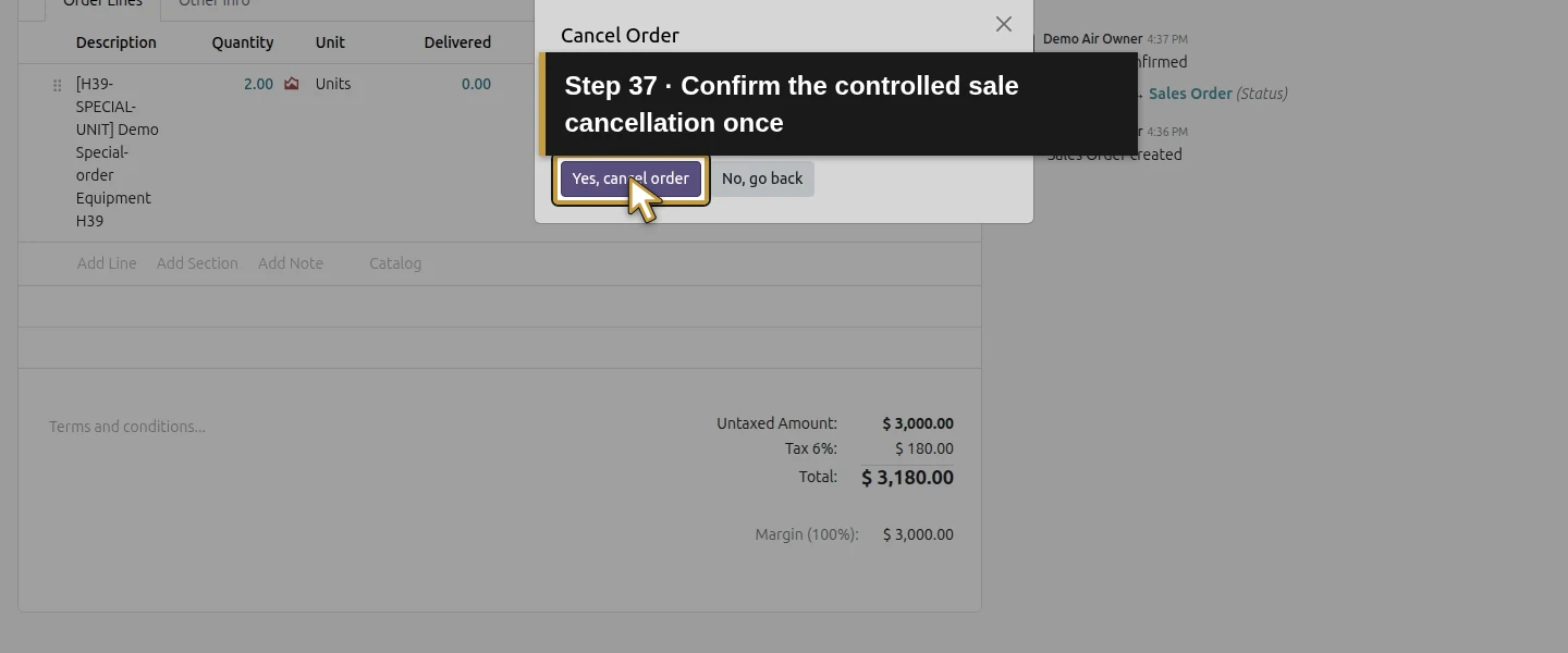Action 37: Confirm the controlled sale cancellation once. The actual target is highlighted in gold.