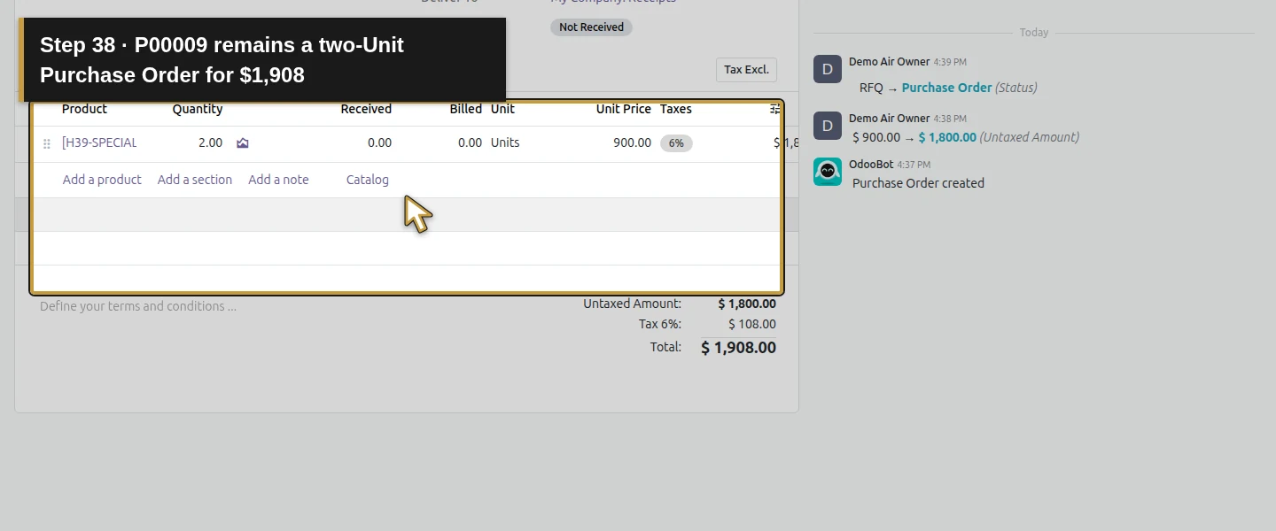 Action 38: P00009 remains a two-Unit Purchase Order for $1,908. The actual target is highlighted in gold.