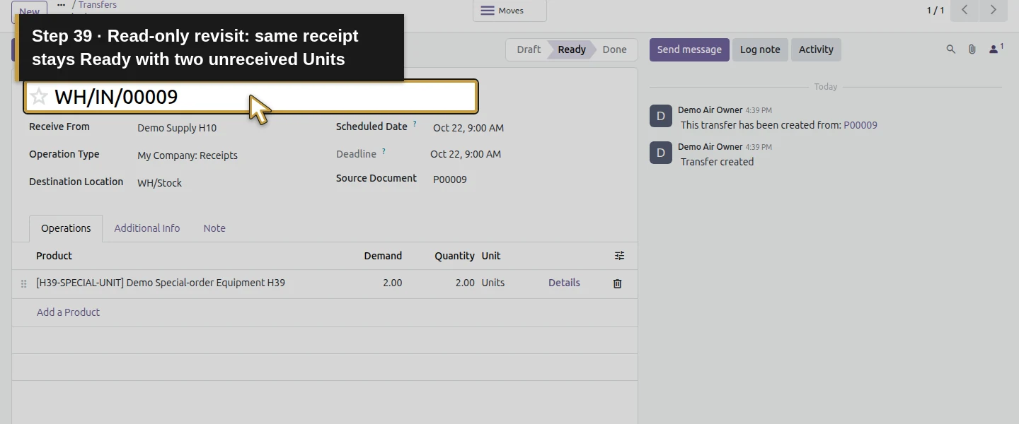 Action 39: Read-only revisit: same receipt stays Ready with two unreceived Units. The actual target is highlighted in gold.
