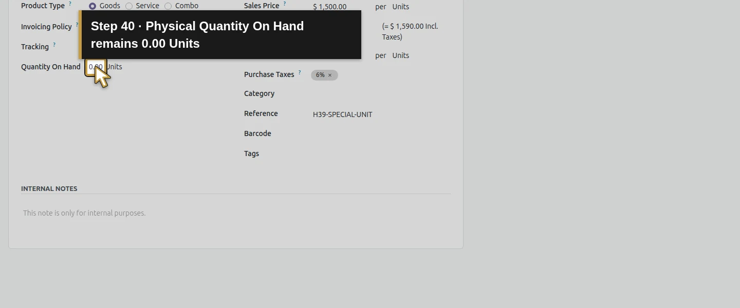 Action 40: Physical Quantity On Hand remains 0.00 Units. The actual target is highlighted in gold.