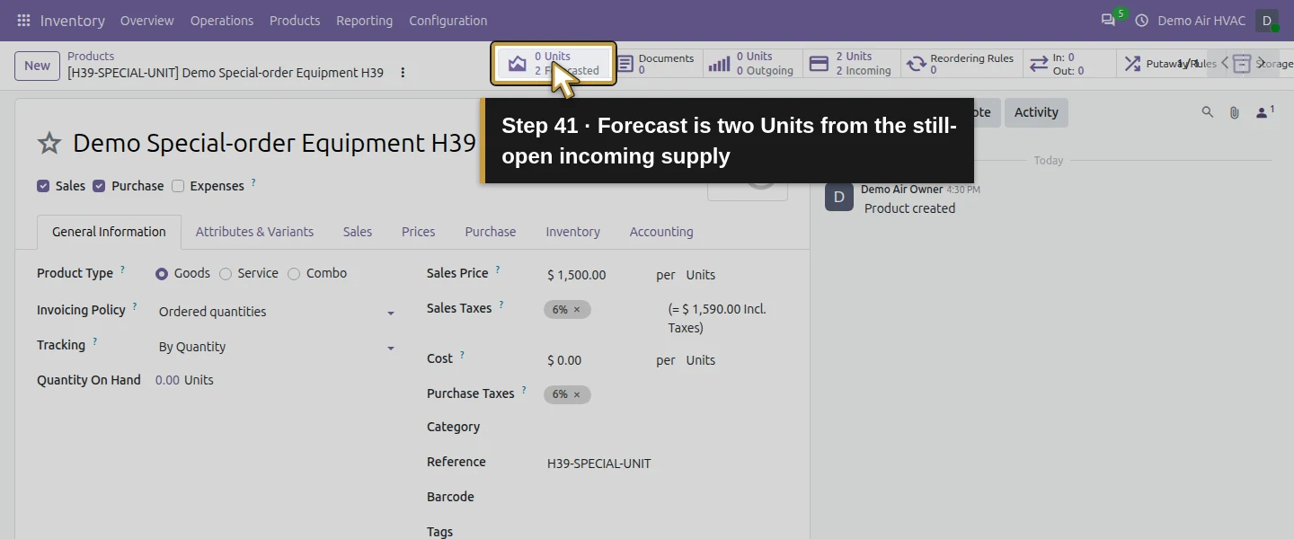 Action 41: Forecast is two Units from the still-open incoming supply. The actual target is highlighted in gold.