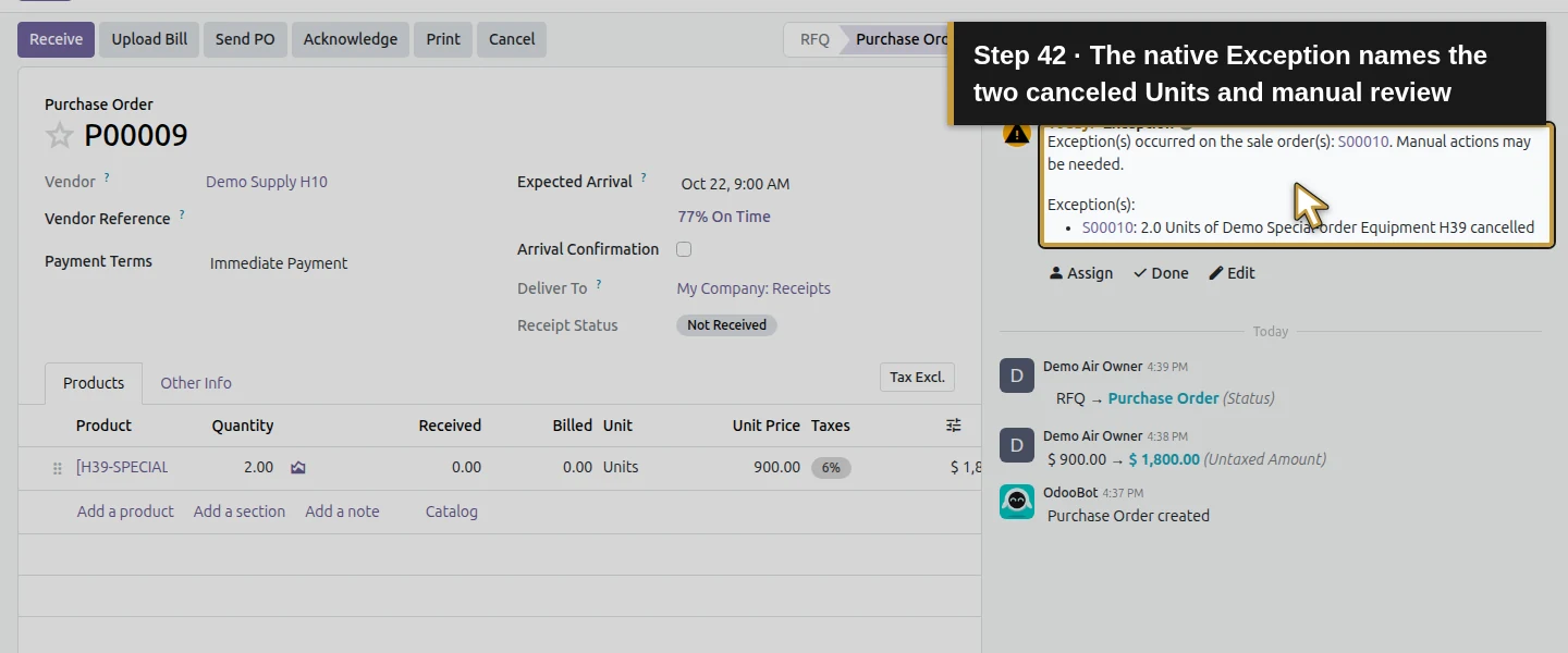 Action 42: The native Exception names the two canceled Units and manual review. The actual target is highlighted in gold.