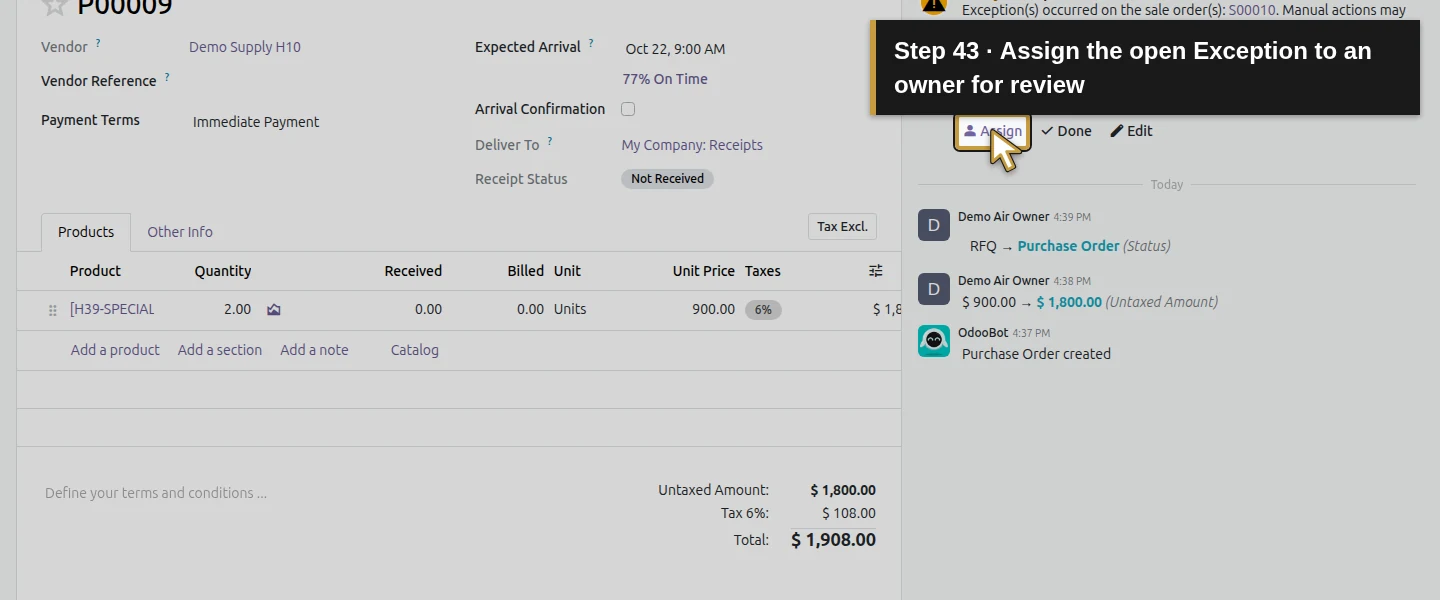 Action 43: Assign the open Exception to an owner for review. The actual target is highlighted in gold.