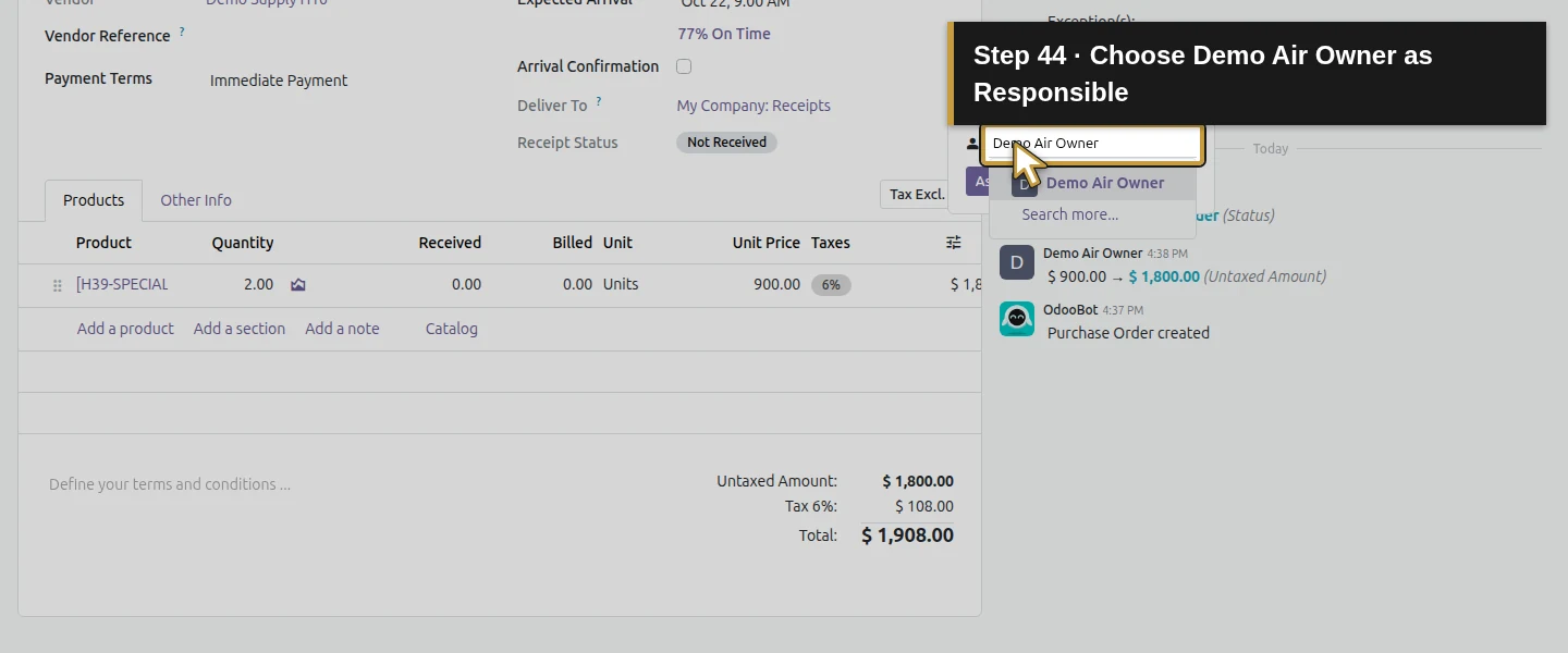 Action 44: Choose Demo Air Owner as Responsible. The actual target is highlighted in gold.