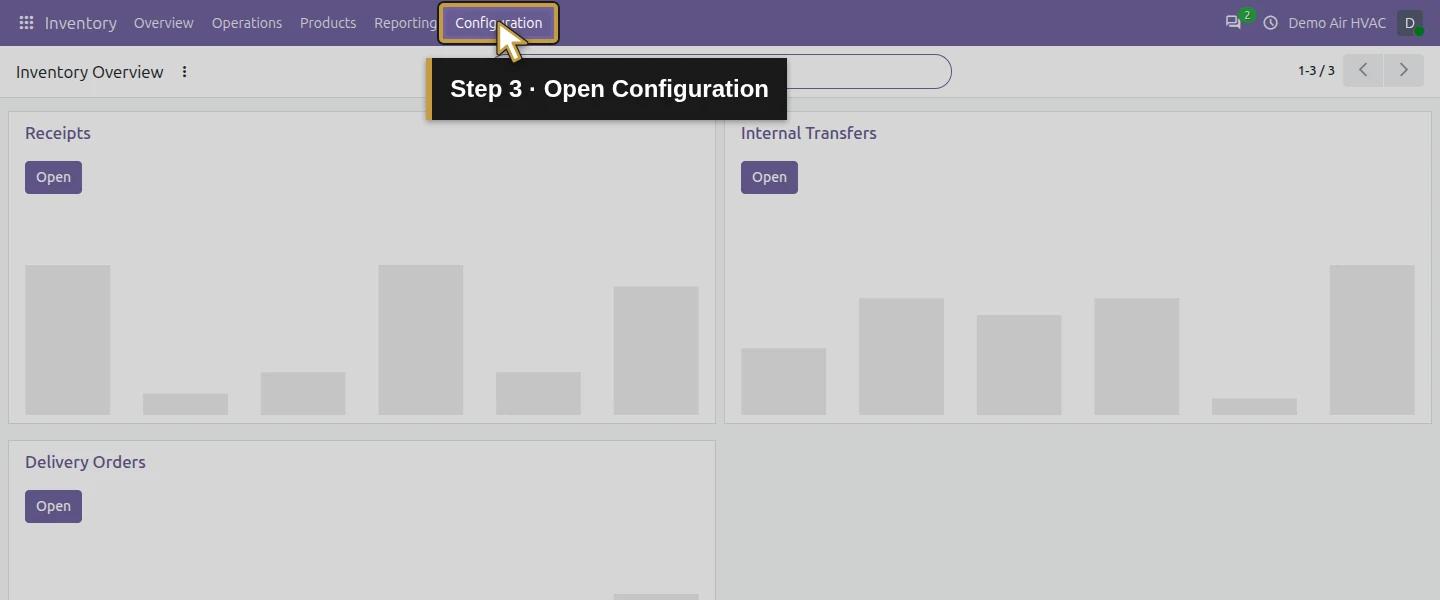 Video action 3: Open Configuration. The actual target is highlighted in gold.