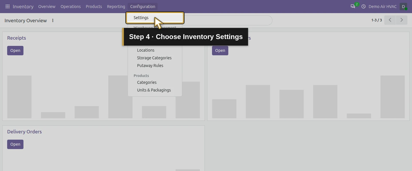 Video action 4: Choose Inventory Settings. The actual target is highlighted in gold.