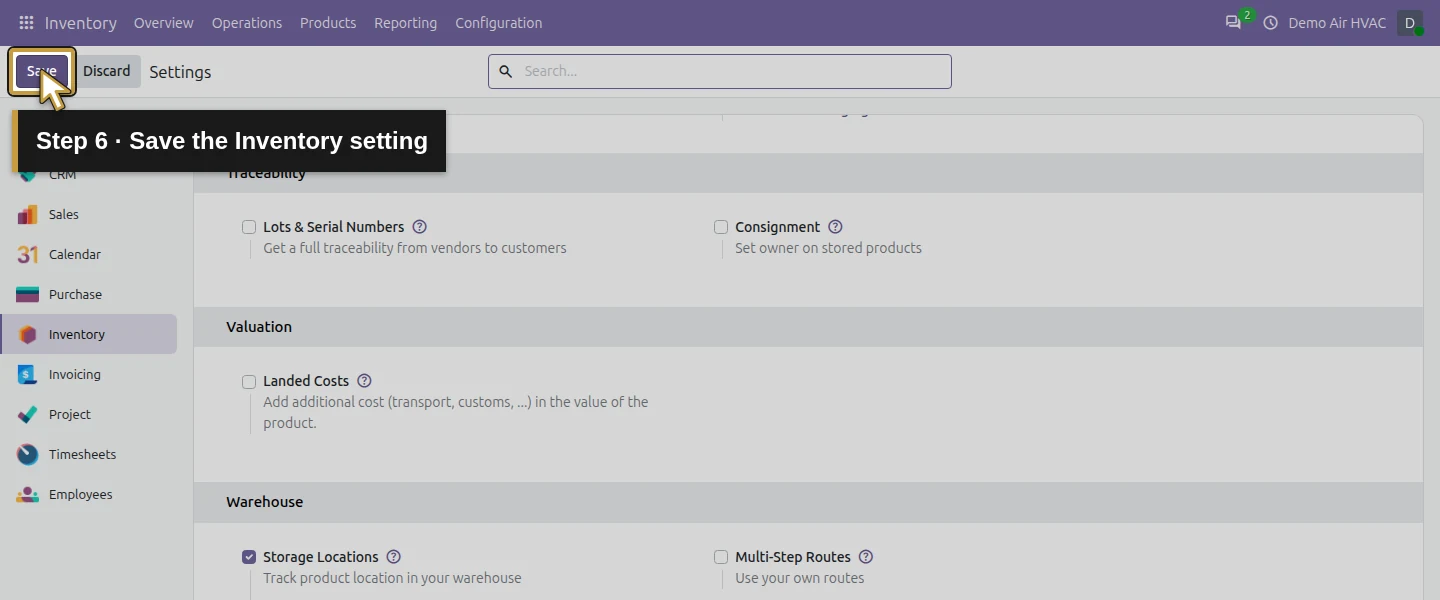 Video action 6: Save the Inventory setting. The actual target is highlighted in gold.