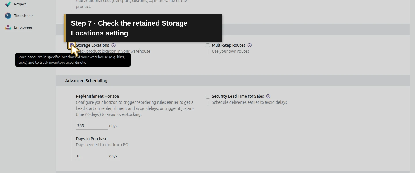 Video action 7: Check the retained Storage Locations setting. The actual target is highlighted in gold.