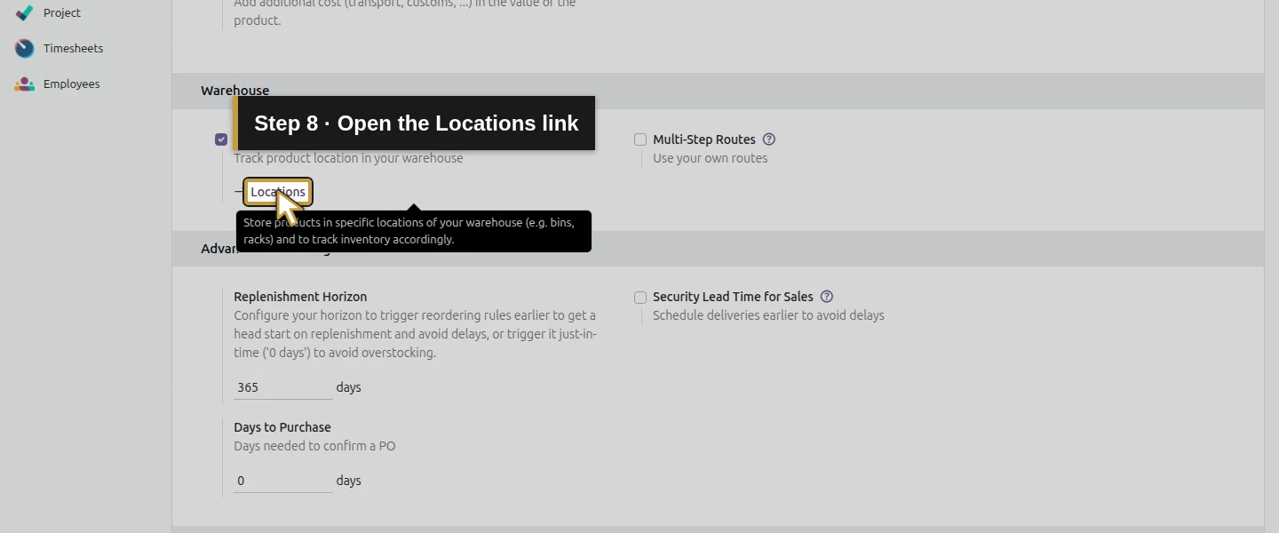 Video action 8: Open the Locations link. The actual target is highlighted in gold.