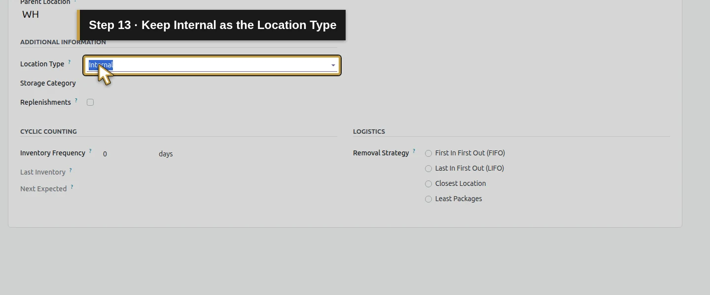 Video action 13: Keep Internal as the Location Type. The actual target is highlighted in gold.