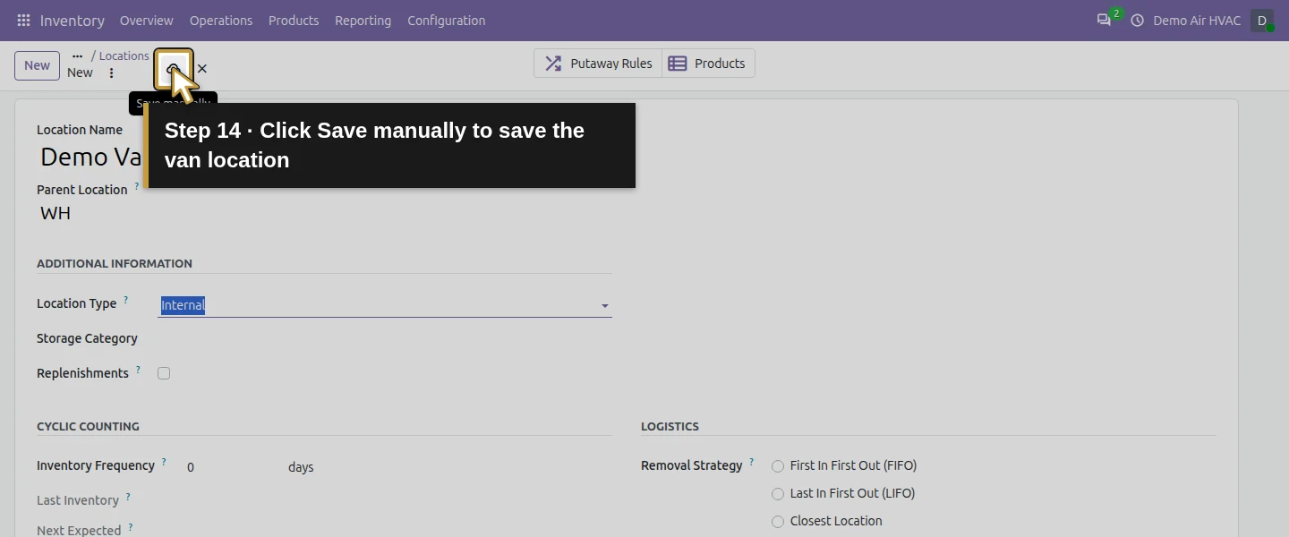 Video action 14: Click Save manually to save the van location. The actual target is highlighted in gold.