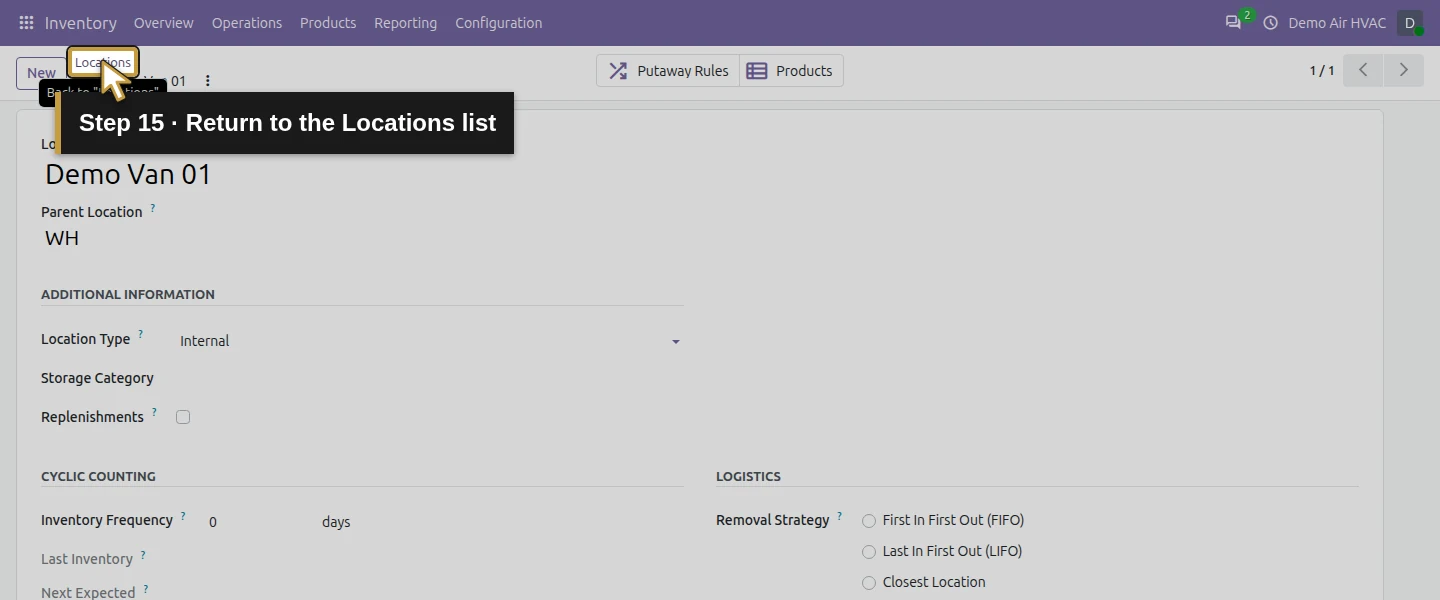 Video action 15: Return to the Locations list. The actual target is highlighted in gold.