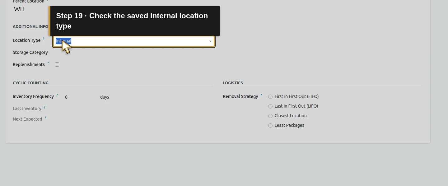 Video action 19: Check the saved Internal location type. The actual target is highlighted in gold.