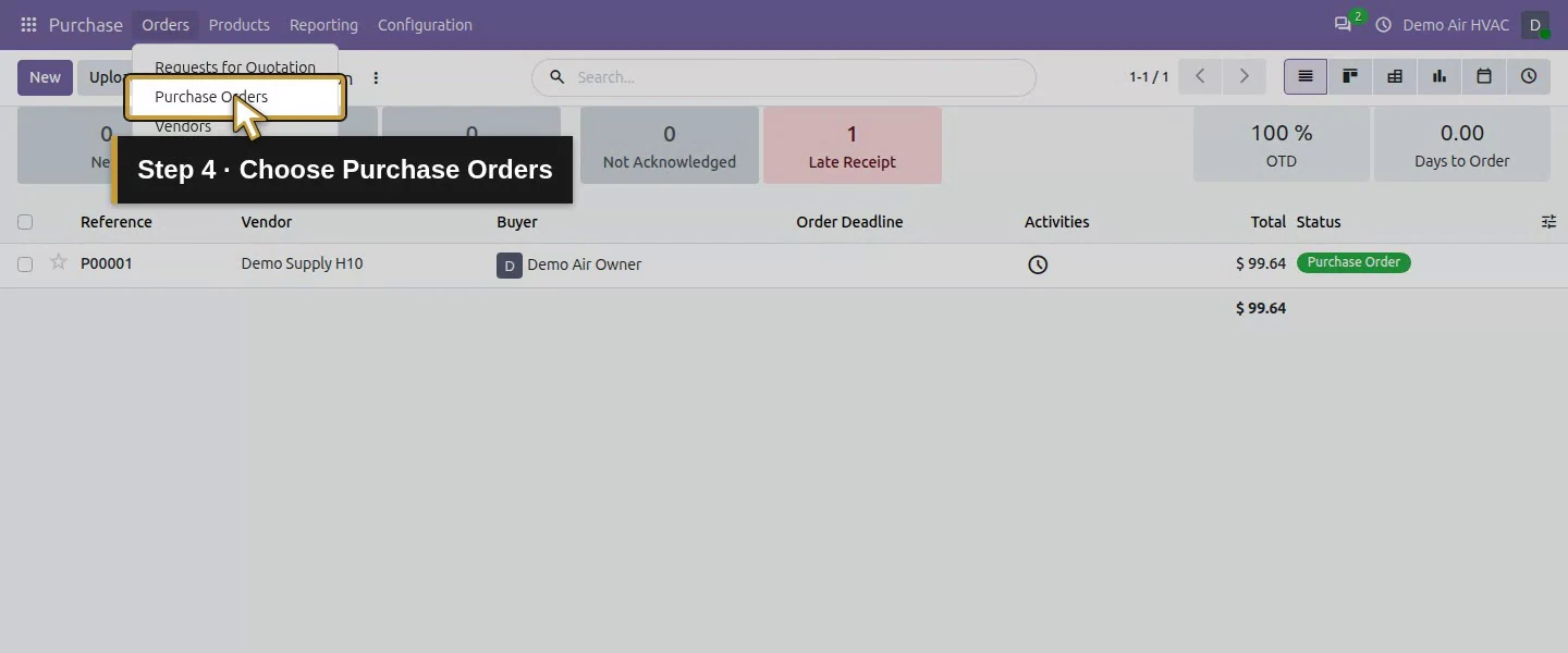 Action 4: Choose Purchase Orders. The actual target is highlighted in gold.