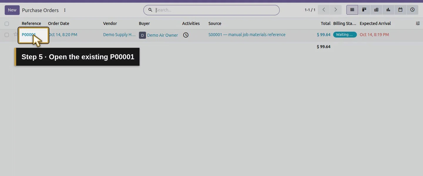 Action 5: Open the existing P00001. The actual target is highlighted in gold.