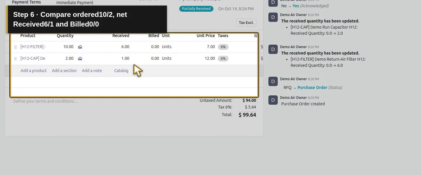Action 6: Compare ordered10/2, net Received6/1 and Billed0/0. The actual target is highlighted in gold.