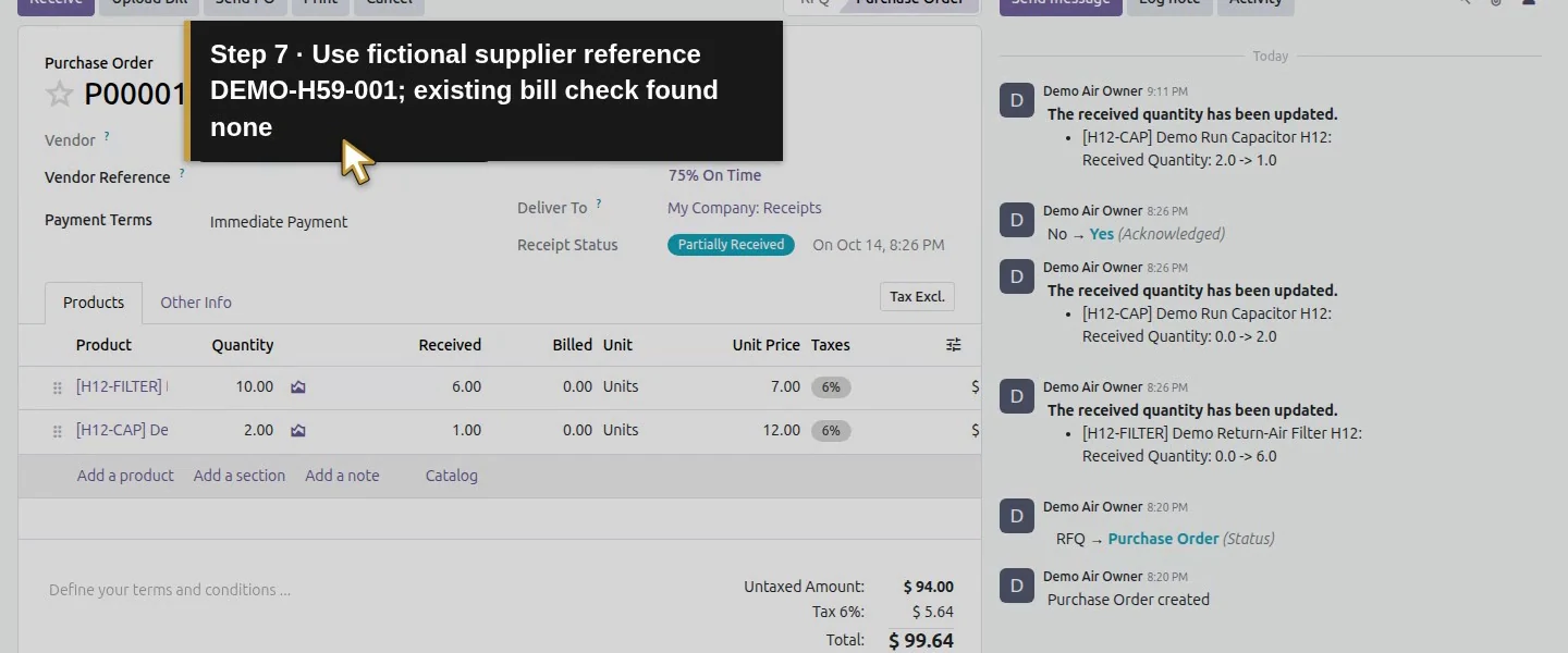 Action 7: Use fictional supplier reference DEMO-H59-001; existing bill check found none. The actual target is highlighted in gold.