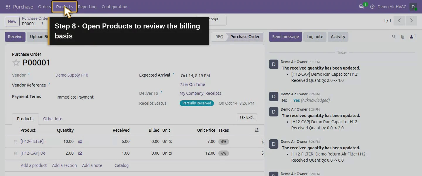 Action 8: Open Products to review the billing basis. The actual target is highlighted in gold.