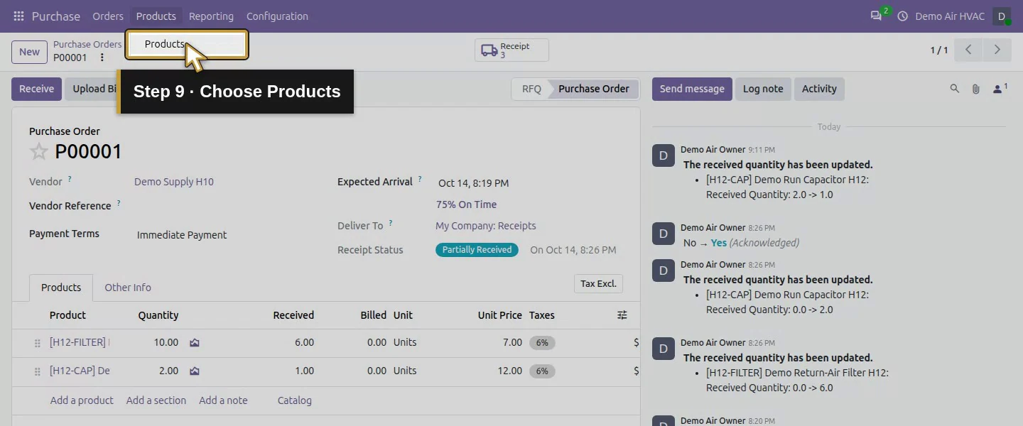 Action 9: Choose Products. The actual target is highlighted in gold.