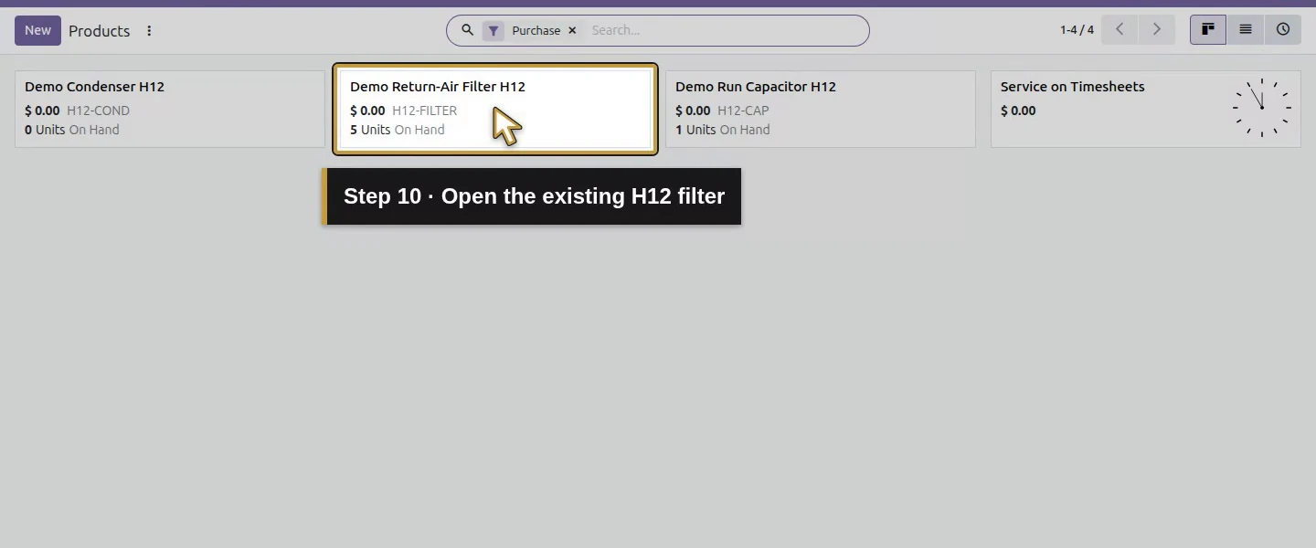 Action 10: Open the existing H12 filter. The actual target is highlighted in gold.
