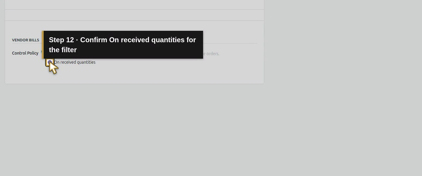 Action 12: Confirm On received quantities for the filter. The actual target is highlighted in gold.