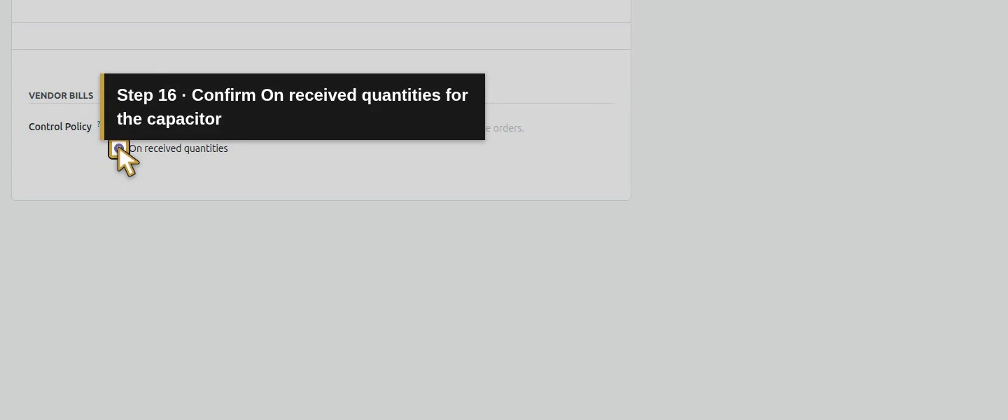 Action 16: Confirm On received quantities for the capacitor. The actual target is highlighted in gold.