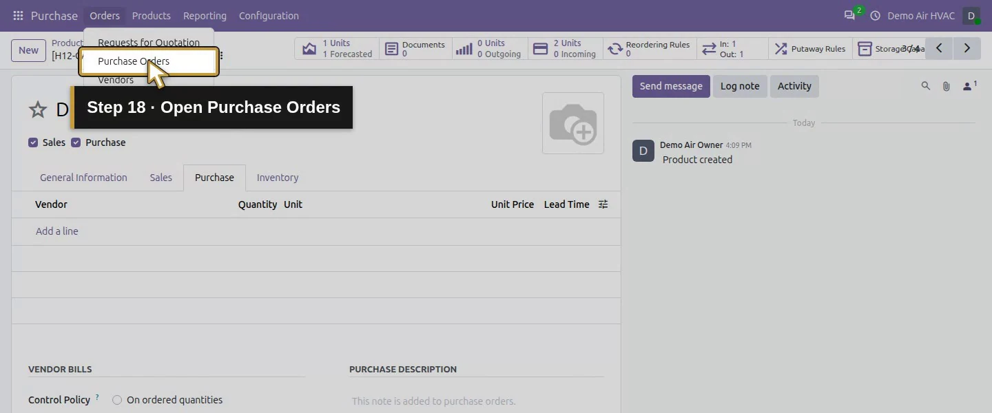 Action 18: Open Purchase Orders. The actual target is highlighted in gold.