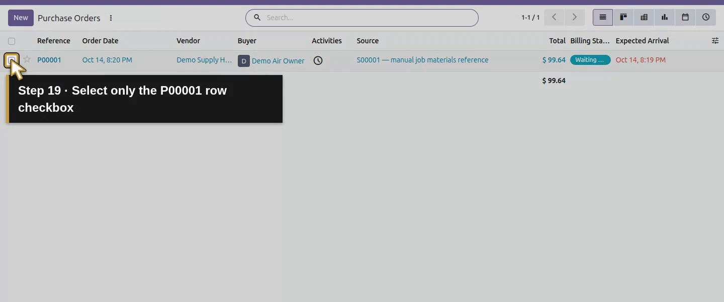 Action 19: Select only the P00001 row checkbox. The actual target is highlighted in gold.