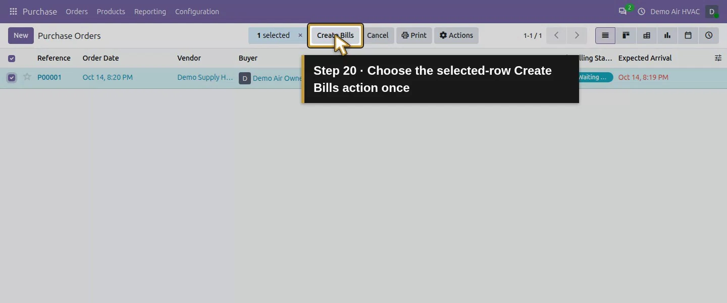 Action 20: Choose the selected-row Create Bills action once. The actual target is highlighted in gold.