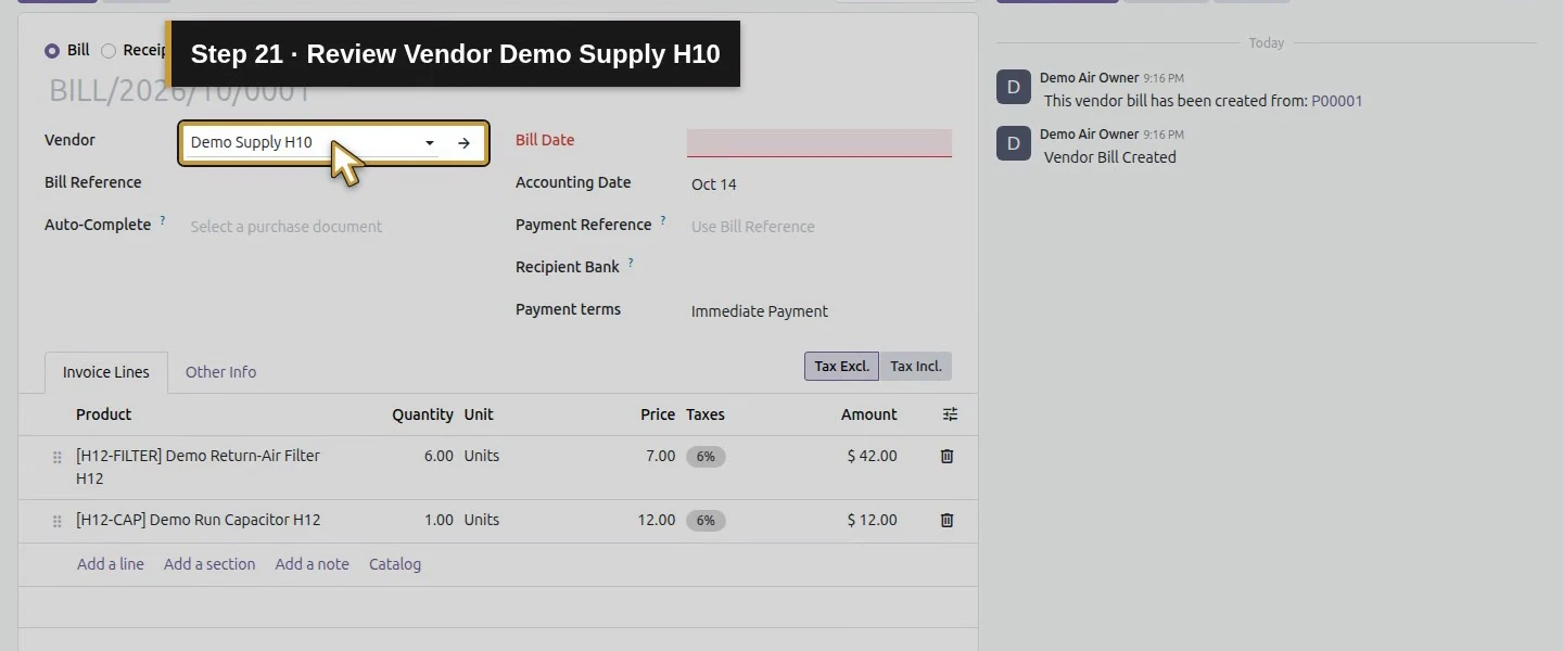 Action 21: Review Vendor Demo Supply H10. The actual target is highlighted in gold.