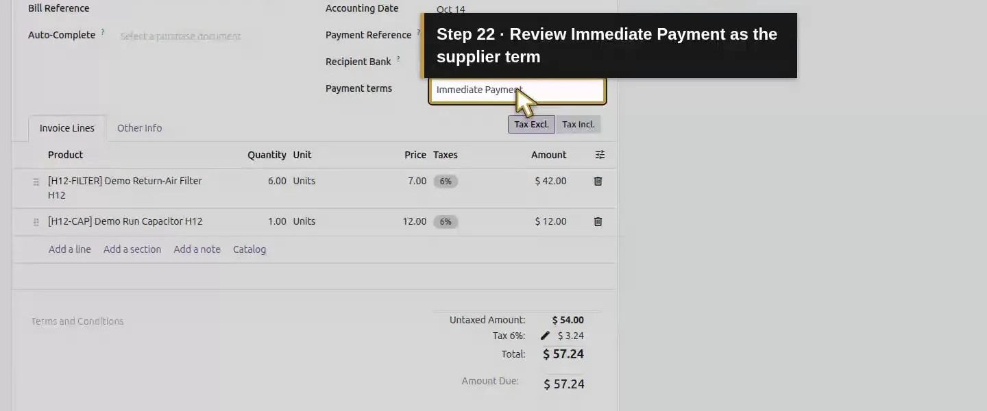 Action 22: Review Immediate Payment as the supplier term. The actual target is highlighted in gold.