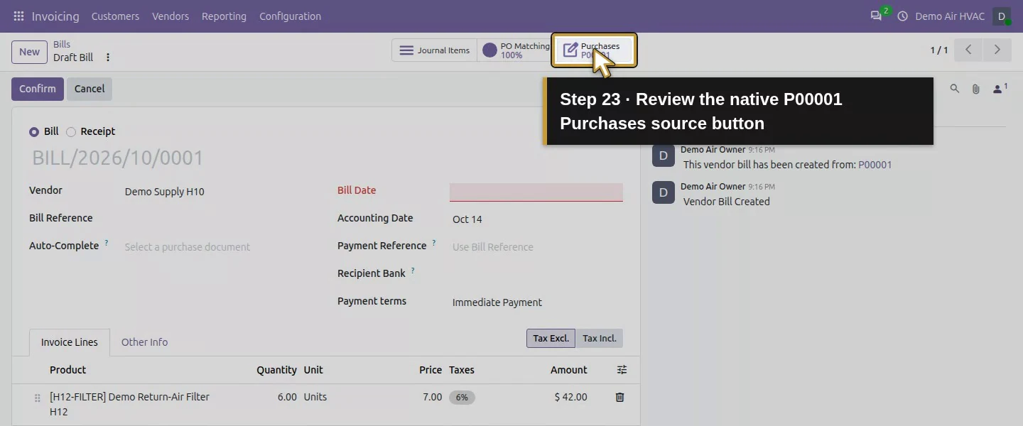 Action 23: Review the native P00001 Purchases source button. The actual target is highlighted in gold.