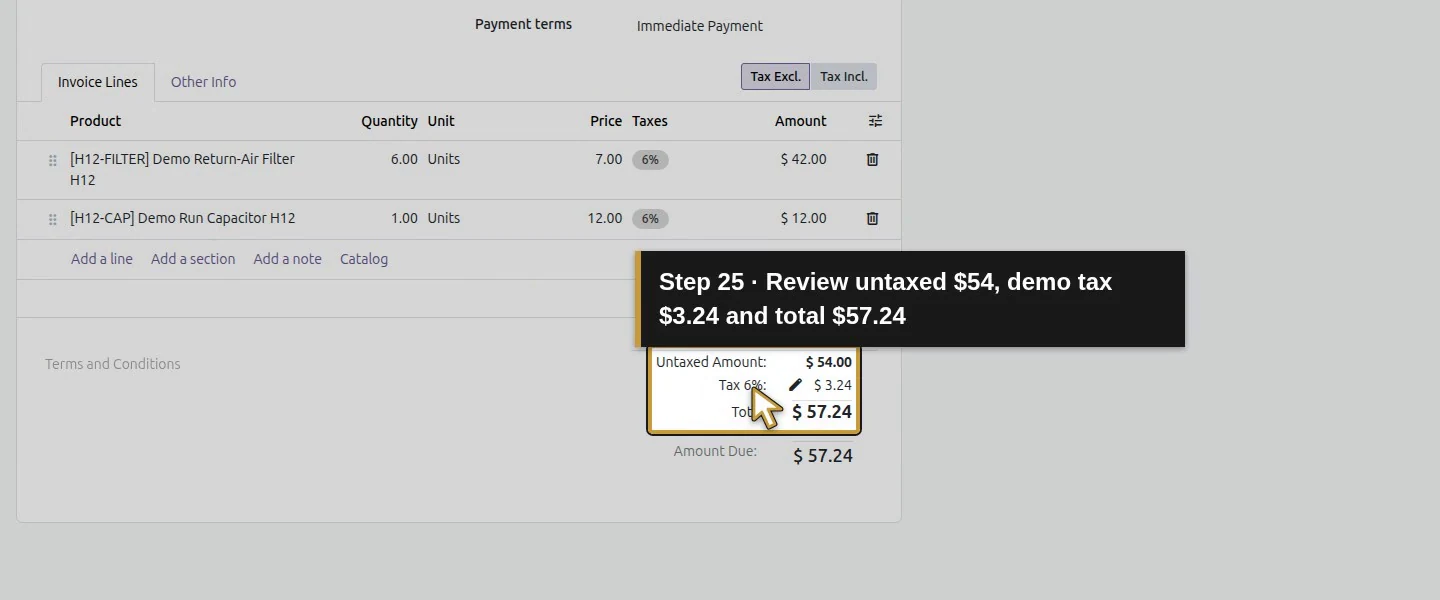 Action 25: Review untaxed $54, demo tax $3.24 and total $57.24. The actual target is highlighted in gold.