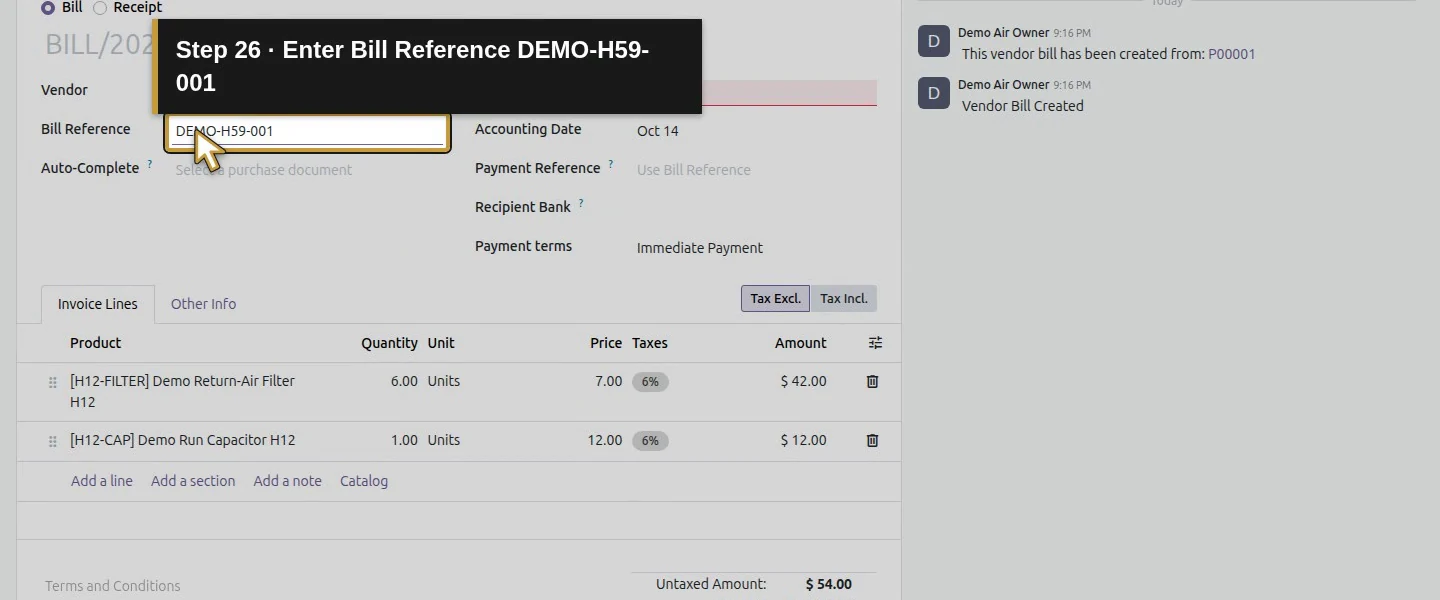 Action 26: Enter Bill Reference DEMO-H59-001. The actual target is highlighted in gold.