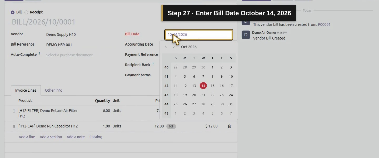 Action 27: Enter Bill Date October 14, 2026. The actual target is highlighted in gold.