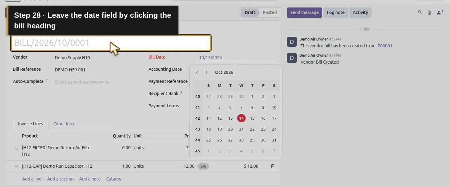 Action 28: Leave the date field by clicking the bill heading. The actual target is highlighted in gold.