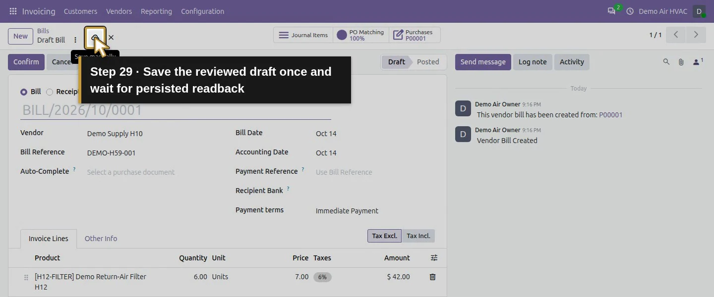 Action 29: Save the reviewed draft once and wait for persisted readback. The actual target is highlighted in gold.