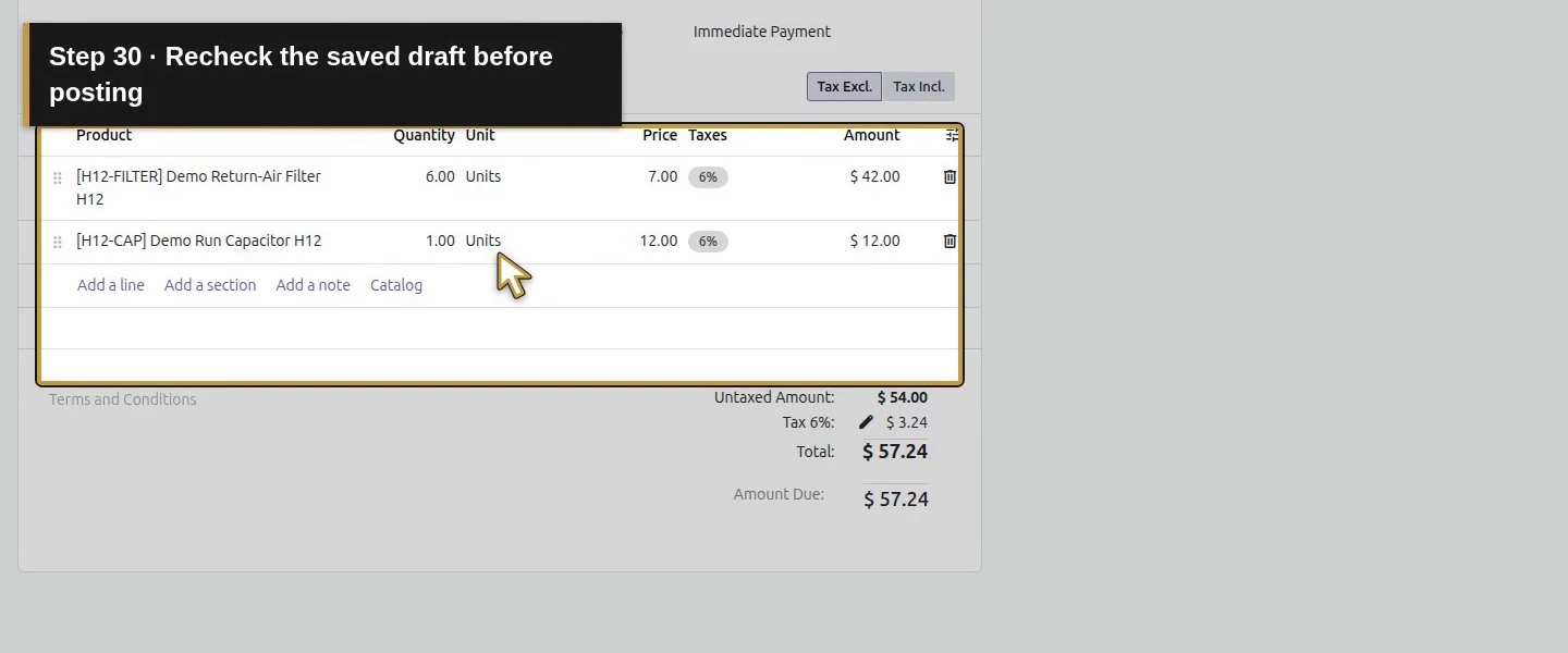 Action 30: Recheck the saved draft before posting. The actual target is highlighted in gold.
