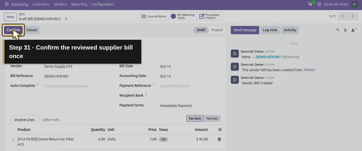 Action 31: Confirm the reviewed supplier bill once. The actual target is highlighted in gold.