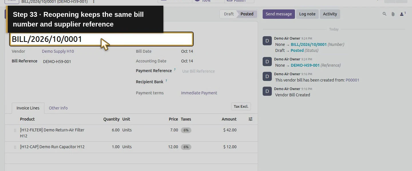 Action 33: Reopening keeps the same bill number and supplier reference. The actual target is highlighted in gold.