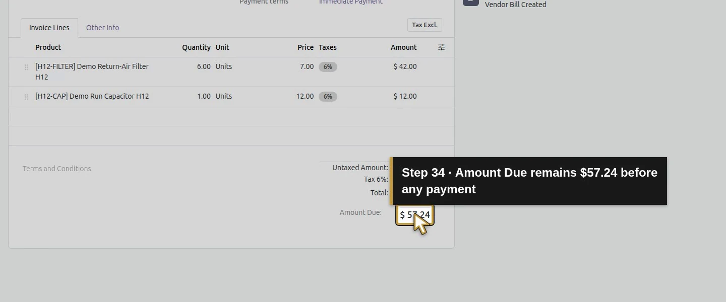 Action 34: Amount Due remains $57.24 before any payment. The actual target is highlighted in gold.