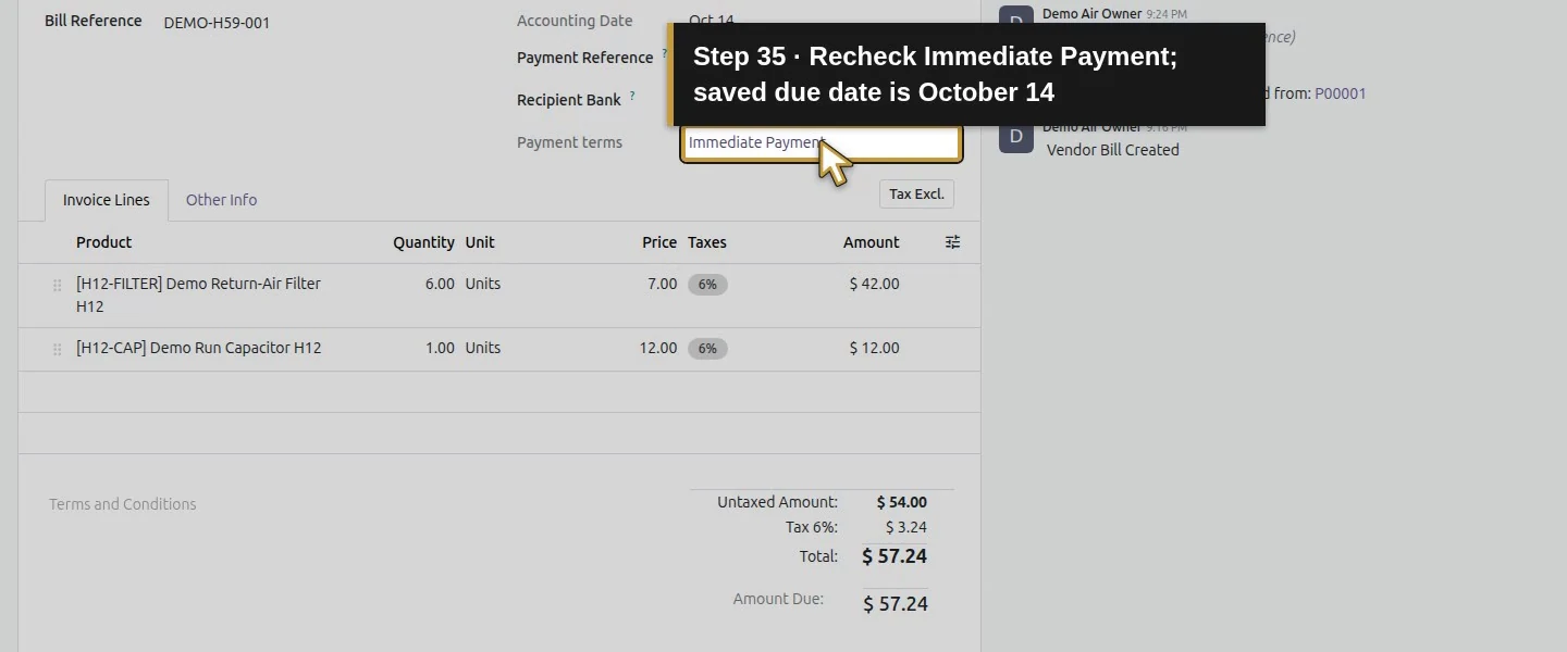 Action 35: Recheck Immediate Payment; saved due date is October 14. The actual target is highlighted in gold.