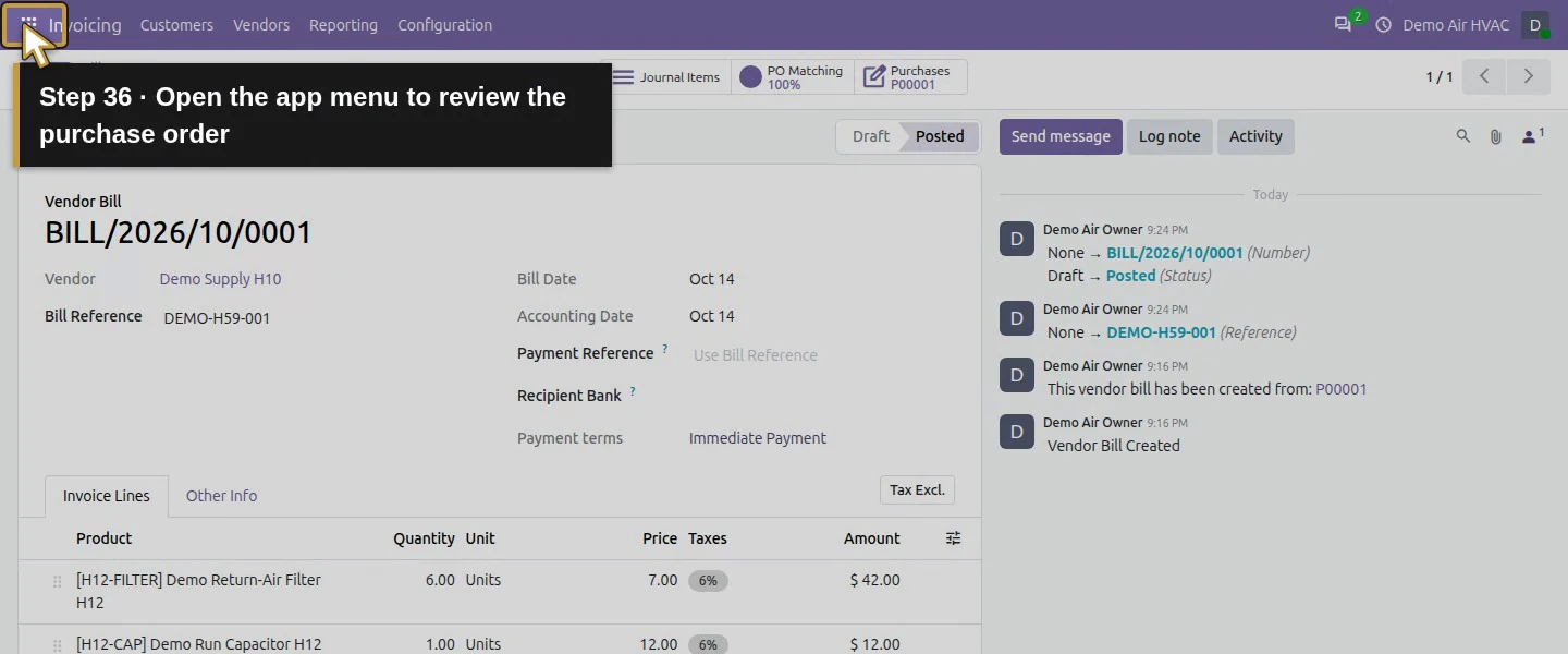 Action 36: Open the app menu to review the purchase order. The actual target is highlighted in gold.